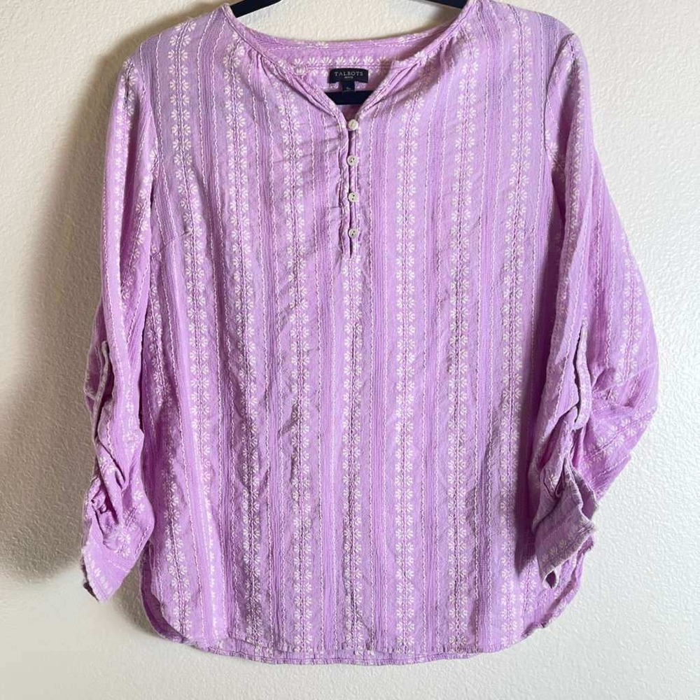 Talbots Petite Lavender Purple Cotton Floral Embroidered Henley Blouse SP 2846 - Picture 1 of 7